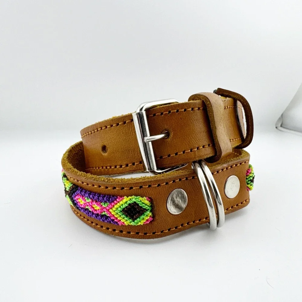 Genuine Leather Dog Collar‎ Woven Aztec Pattern Adjustable Metal Buckle D Ring